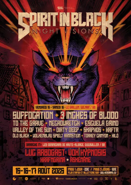 Affiche du festival SPIRIT IN BLACK: NIGHT VISIONS en Alsace les 15-16-17 août 2025