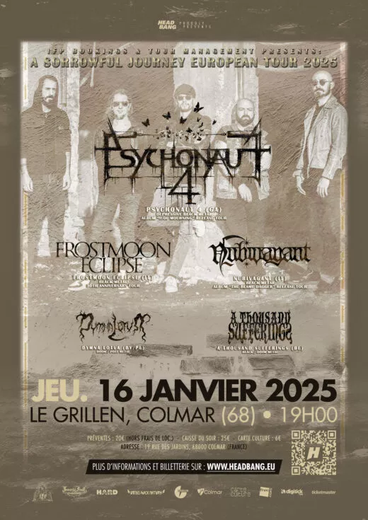 Affiche du concert de Psychonaut 4 + 4 groupes au Grillen de Colmar le 16 janvier 2025