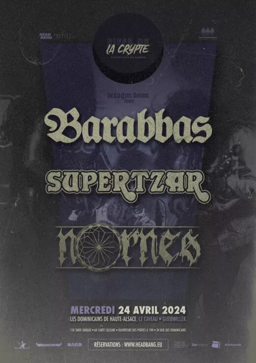 Affiche du concert de Barabbas, Supertzar et Nornes le 24 avril 2024 à Guebwiller